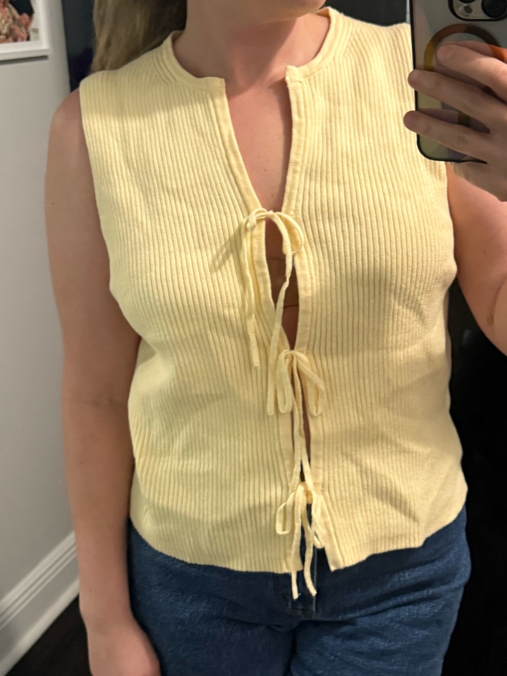 Sincerely Jules Soft Butter Yellow Ribbed Knit Tie-Front Sleeveless Top